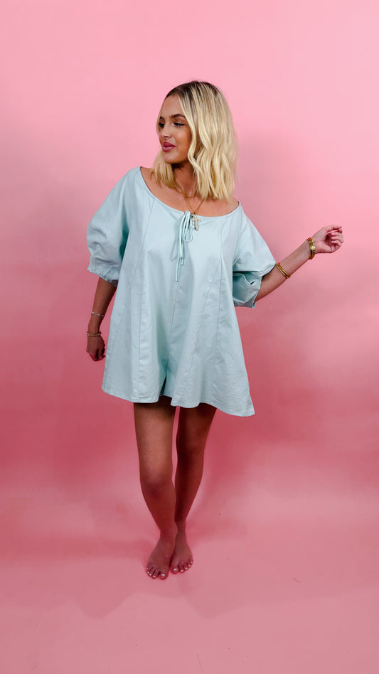 Twill Oversized Scoopneck Puff Sleeve Romper