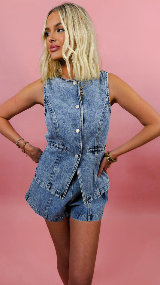 button down denim vest and shorts