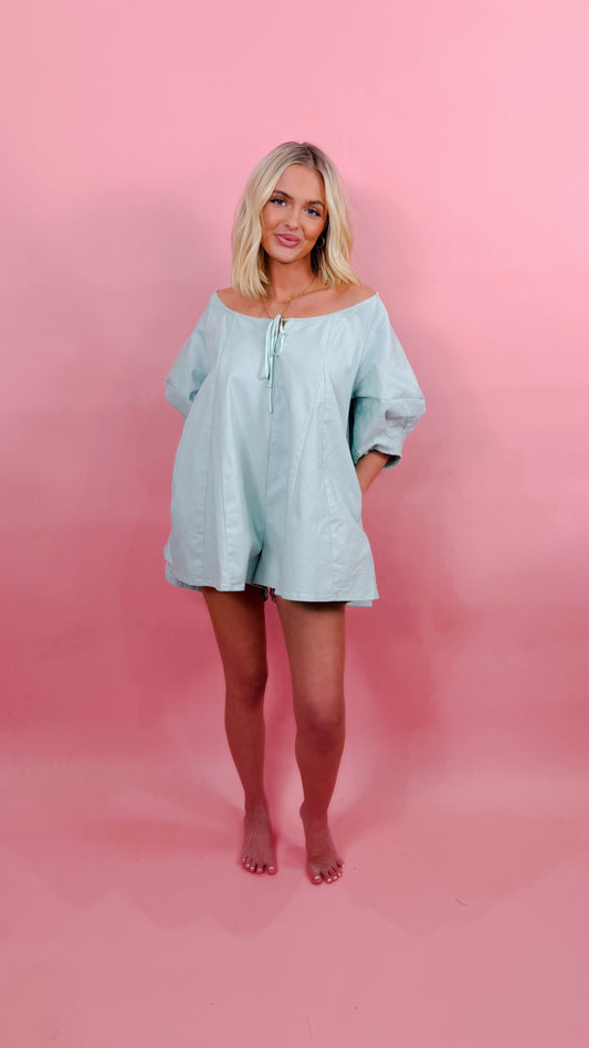Twill Oversized Scoopneck Puff Sleeve Romper