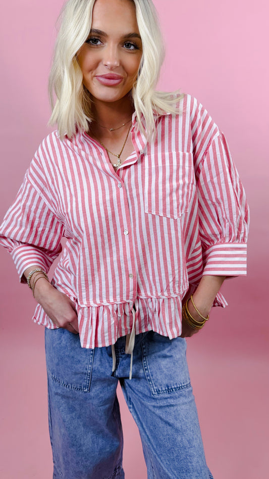 Pocket Detail Ruffle Hem 100%Cotton Striped Shirt
