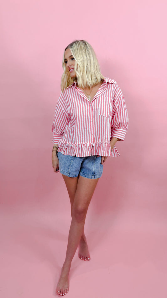 Pocket Detail Ruffle Hem 100%Cotton Striped Shirt
