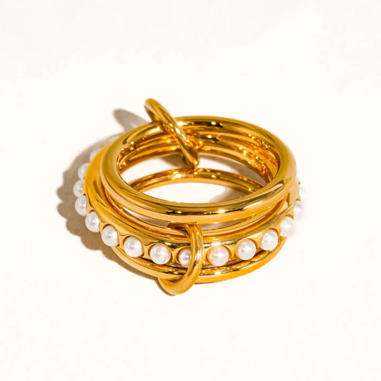Danton 18K Gold Non-Tarnish Multi Stack Pearl Band Ring