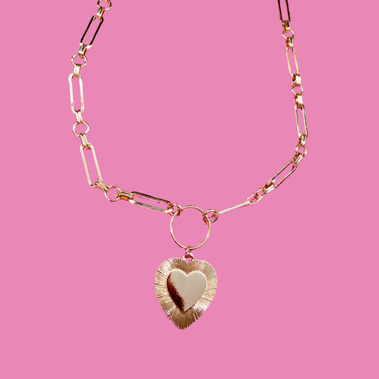 Etched Heart Chunky Chain Statement Necklace